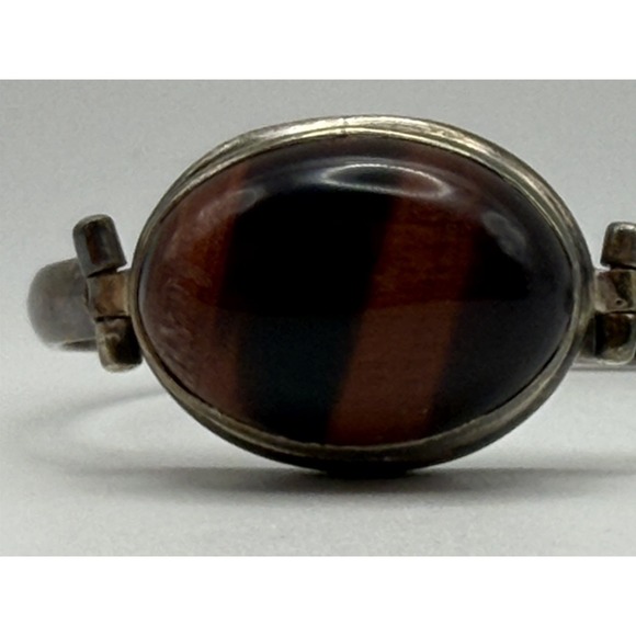 Vintage Sterling Silver Tiger's Eye Oval Cabochon Hinged Bangle Chain Bracelet - Picture 8 of 12